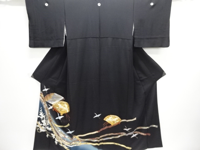 JAPANESE KIMONO / TOMESODE / EMBROIDERY / FAN & CRANE